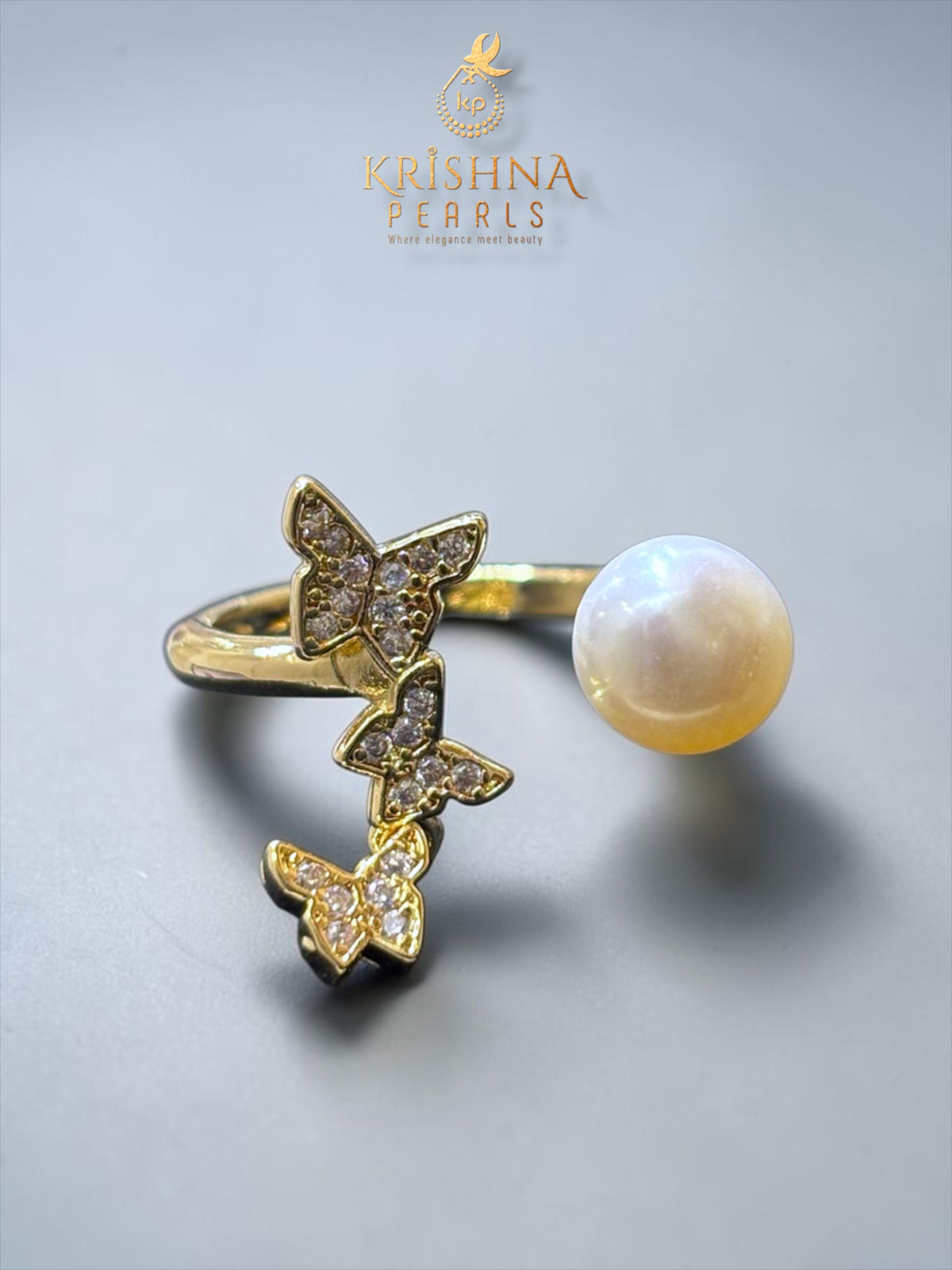 Designer Pearl With Butterfly Studded Pearls Combo Set ( Single Line Pendent Set With Finger Ring )
