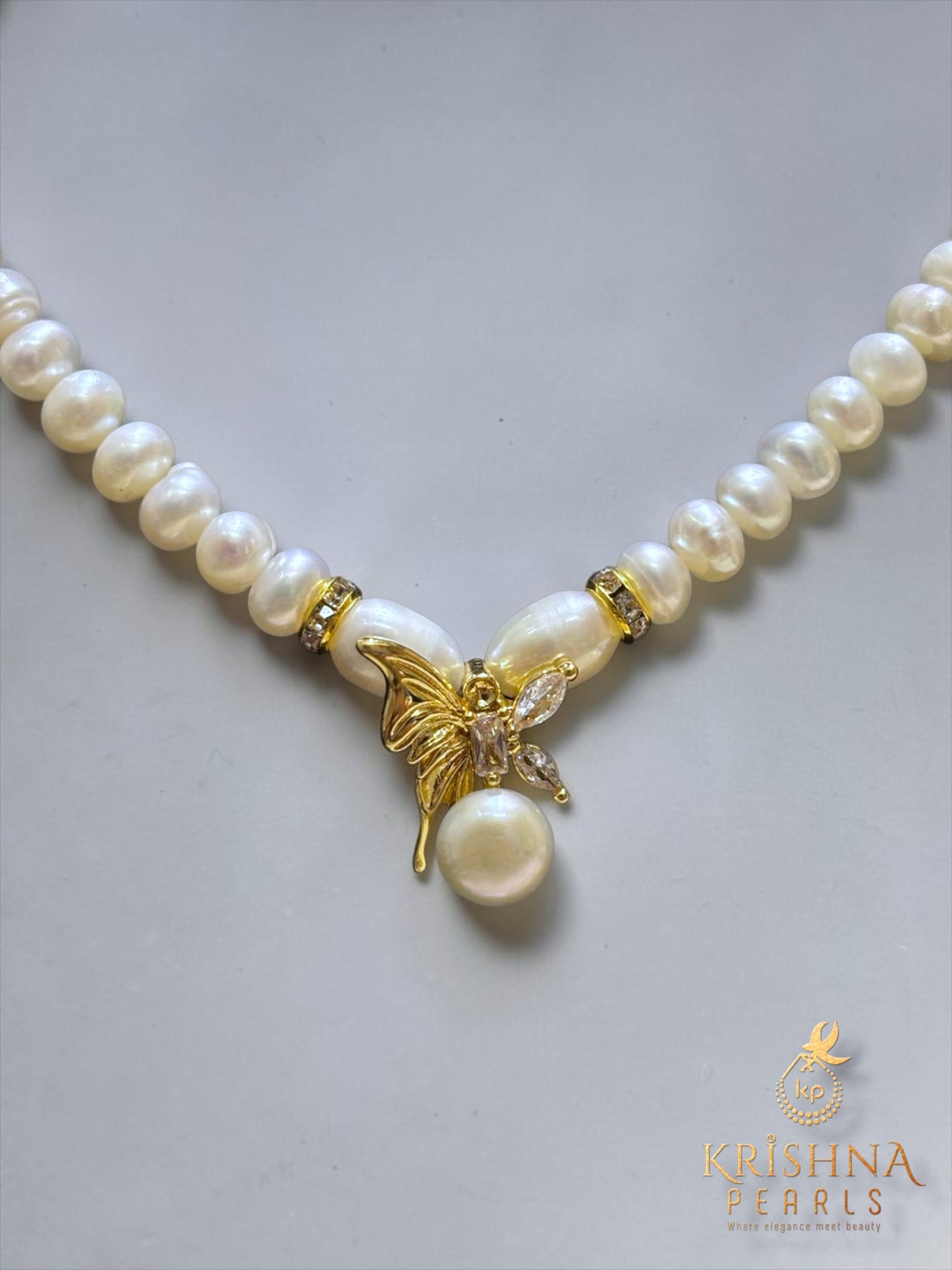 Adorable Pearl With Butterfly Studded Pearls Combo Set ( Single Line Pendent Set With Finger Ring )