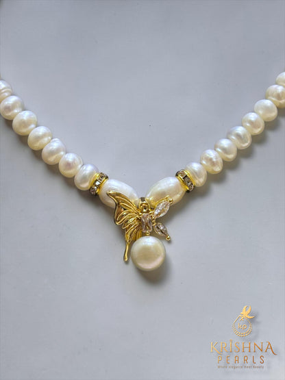 Adorable Pearl With Butterfly Studded Pearls Combo Set ( Single Line Pendent Set With Finger Ring )