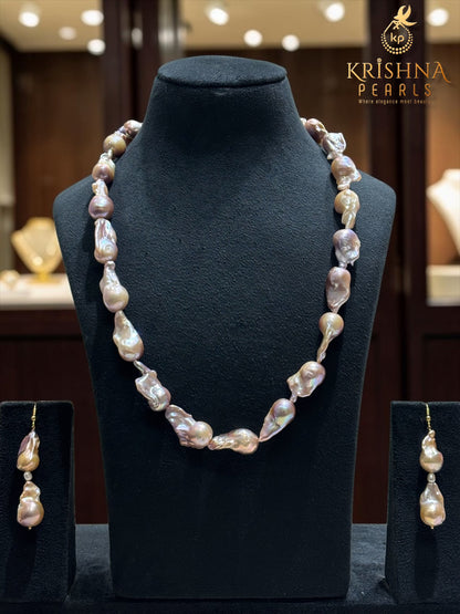 Lustrous Pink Hues Baroque Pearls Necklace Set With Bracelet - Premium Quality with No Spots/Groves