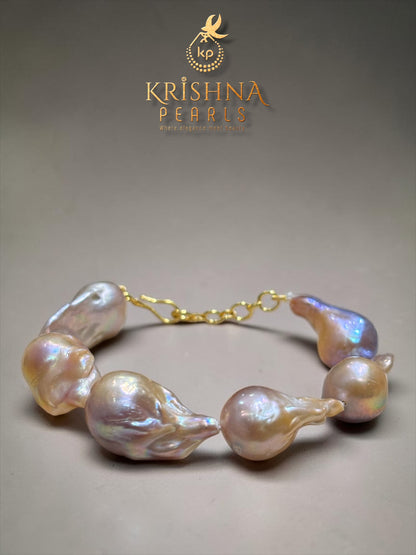 Lustrous Pink Hues Baroque Pearls Necklace Set With Bracelet - Premium Quality with No Spots/Groves