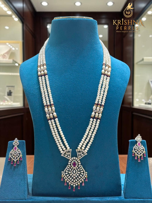 Three Rows Ruby Pearl Locket Necklace Set