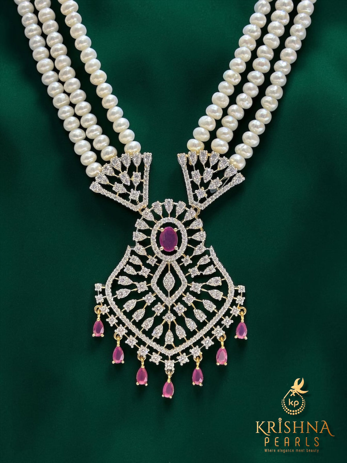 Three Rows Ruby Pearl Locket Necklace Set