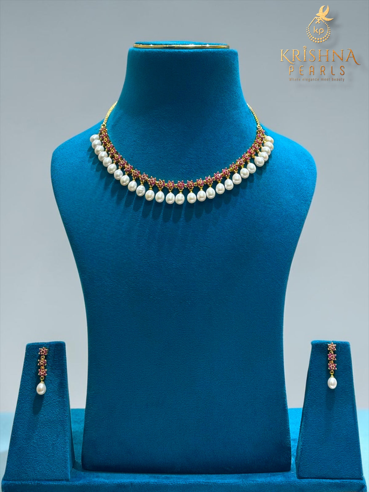 Ruby Studded Pearls Droplets Necklace Set
