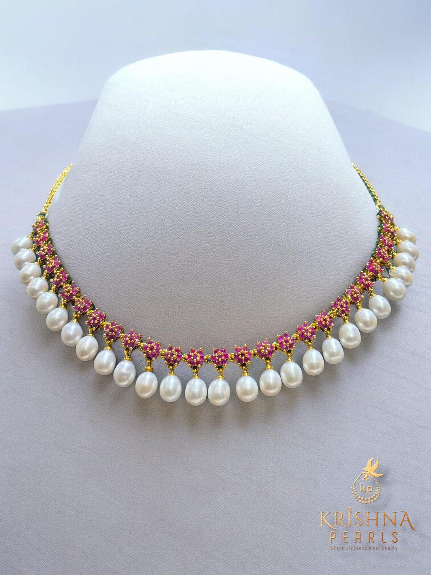 Ruby Studded Pearls Droplets Necklace Set
