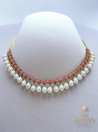 Ruby Studded Pearls Droplets Necklace Set