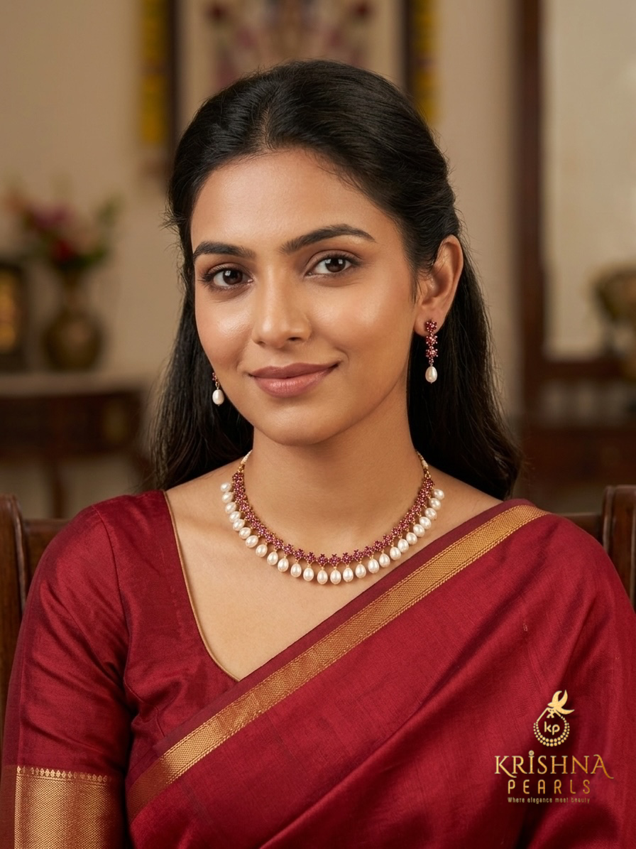 Ruby Studded Pearls Droplets Necklace Set