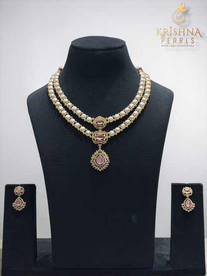 Button Pearls & Rose Quartz Double Layer Necklace Set