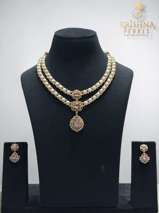 Button Pearls & Rose Quartz Double Layer Necklace Set