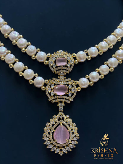 Button Pearls & Rose Quartz Double Layer Necklace Set