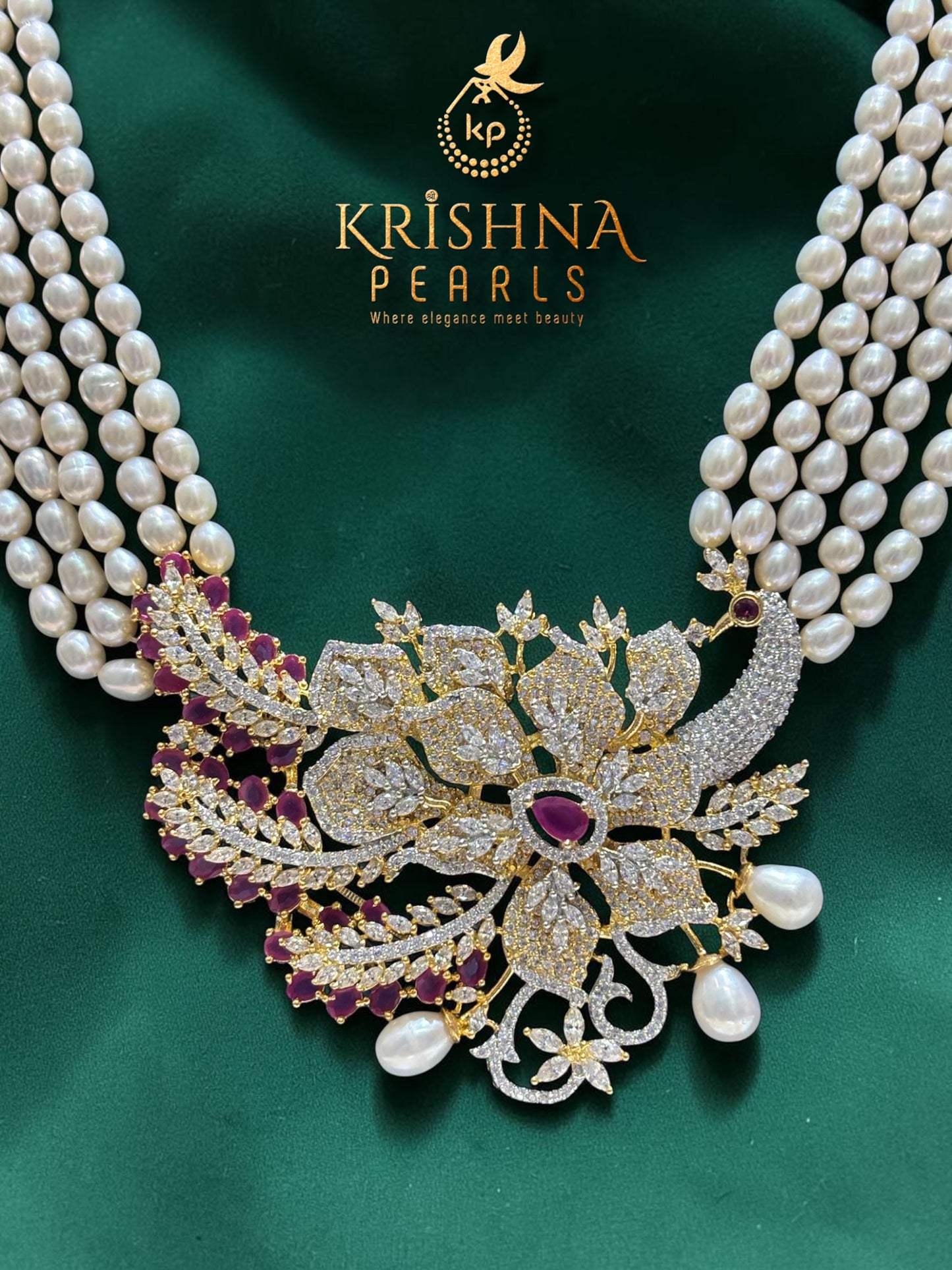 Sri Krishna Heirloom Pearl & Peacock Pendant Necklace Set