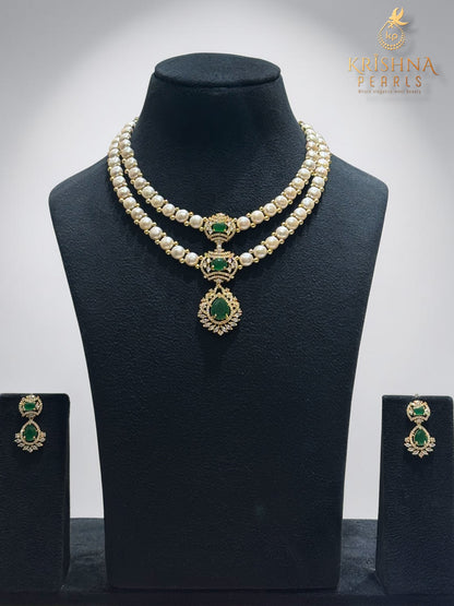 Emerald Blossom Button Pearls Necklace Set