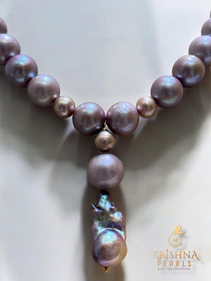 Lavender Shade 12 MM Pearls With Baroque Pearl In Center Necklace Set