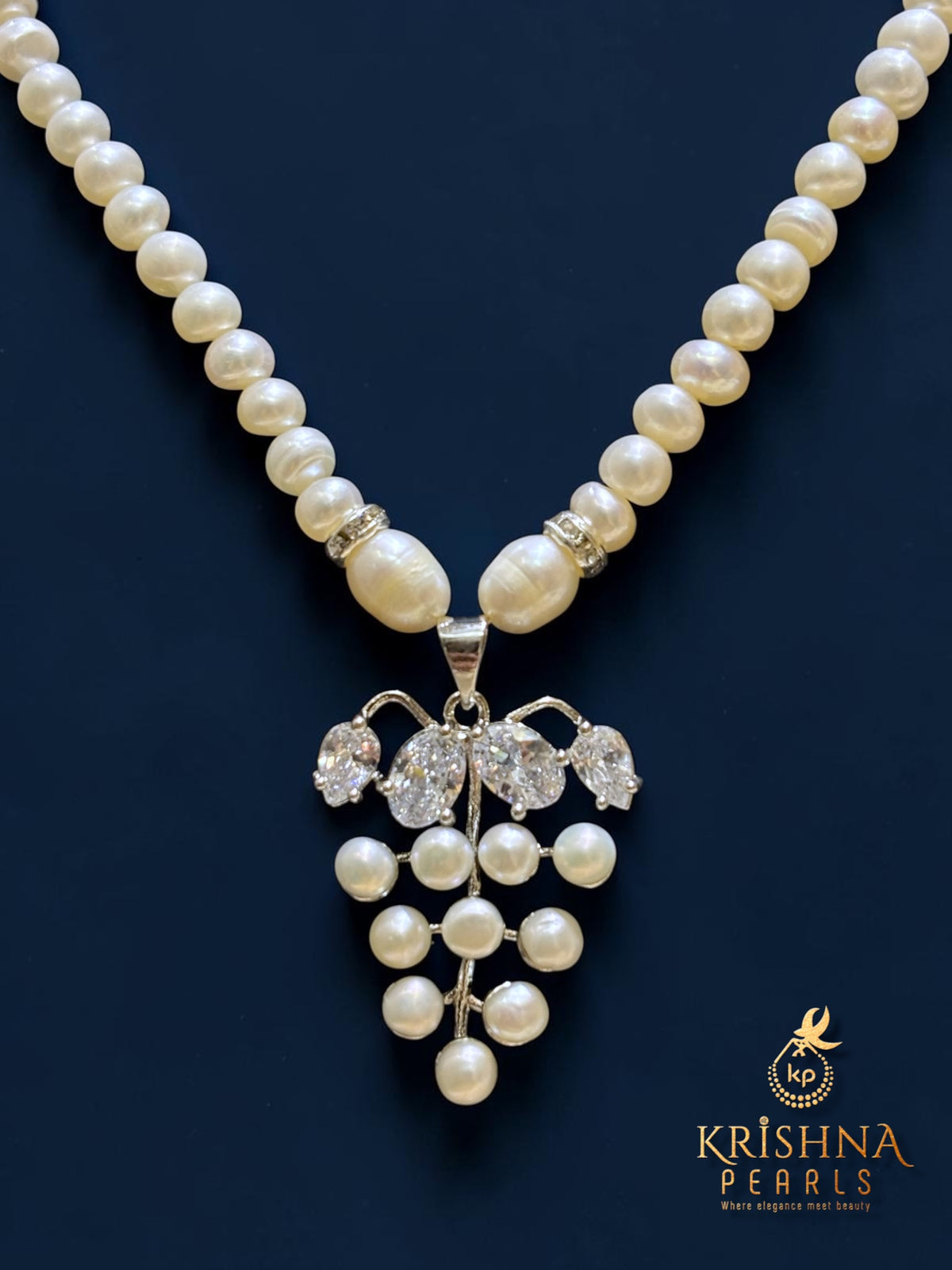 Beautiful White Stone Studded Pendent With Pearls Necklace Set