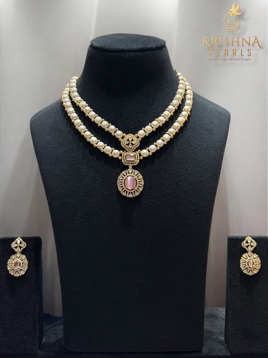 Button Pearls & Rose Quartz Double Layer Necklace Set