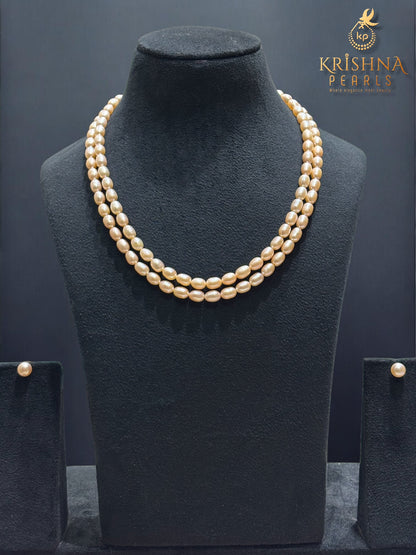 2 Line Pearls Necklace - Oval Peach Pink Double Strand Pearls Necklace Set