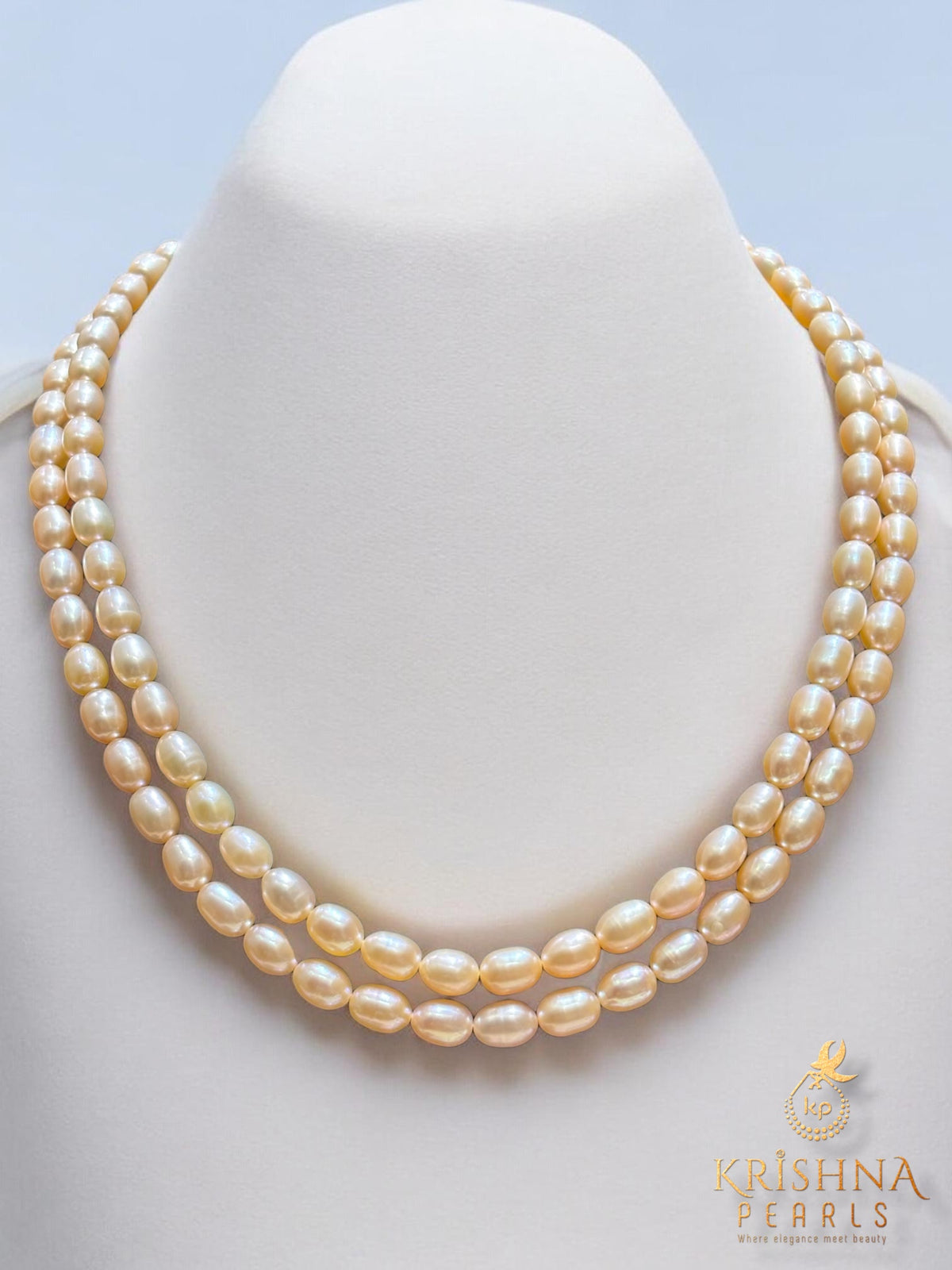 2 Line Pearls Necklace - Oval Peach Pink Double Strand Pearls Necklace Set