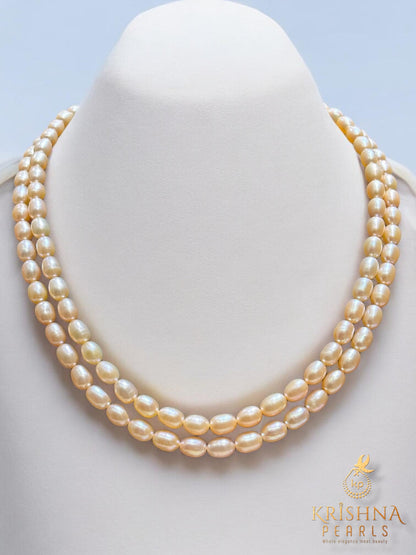 2 Line Pearls Necklace - Oval Peach Pink Double Strand Pearls Necklace Set