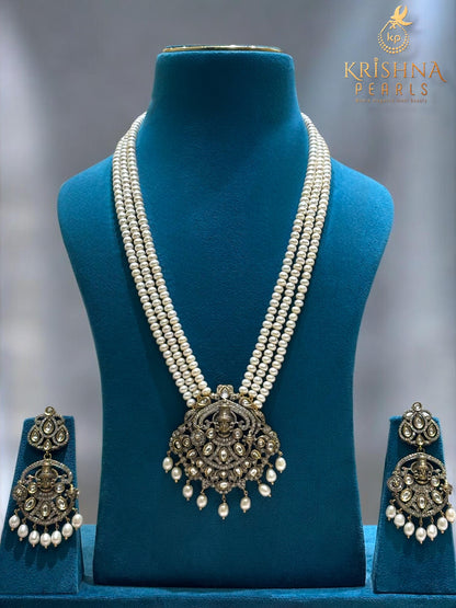 Tirupati Balaji Oxidised Pendent With Three Strand Pearls Long Necklace Set Temple Jewellery