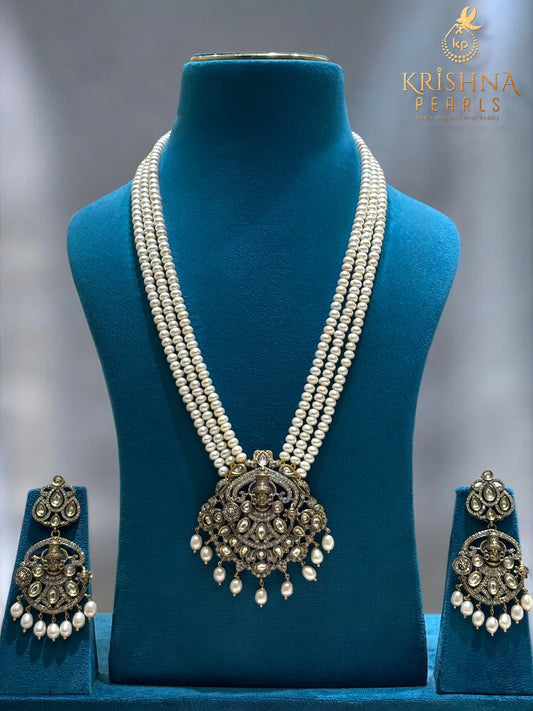 Tirupati Balaji Oxidised Pendent With Three Strand Pearls Long Necklace Set Temple Jewellery