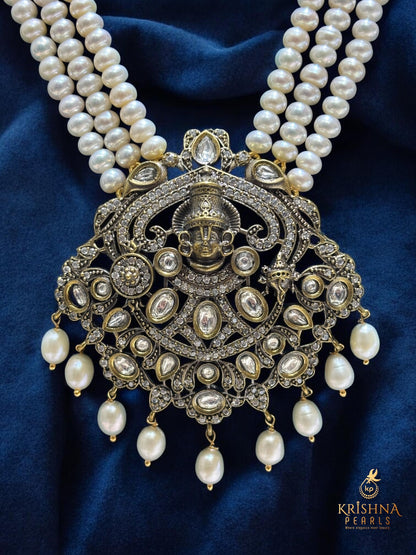 Tirupati Balaji Oxidised Pendent With Three Strand Pearls Long Necklace Set Temple Jewellery