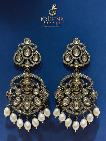 Tirupati Balaji Oxidised Pendent With Three Strand Pearls Long Necklace Set Temple Jewellery
