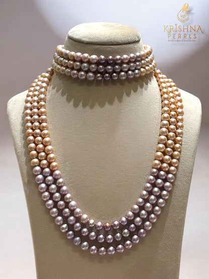 Round Pink Pearls 7-8 MM Necklace With Choker Set