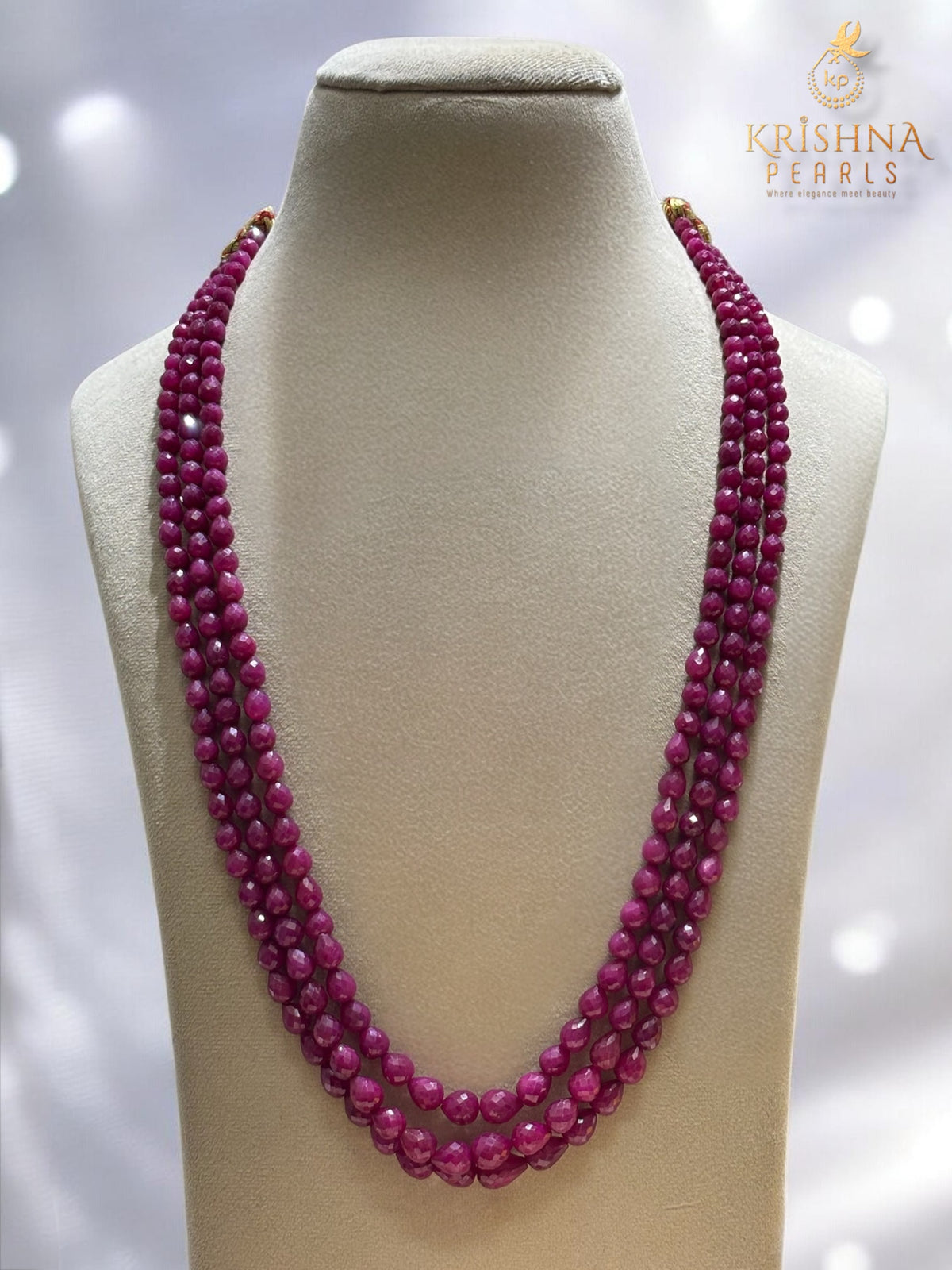 Cutting Small Size Ruby Droplets Three Layered Necklace