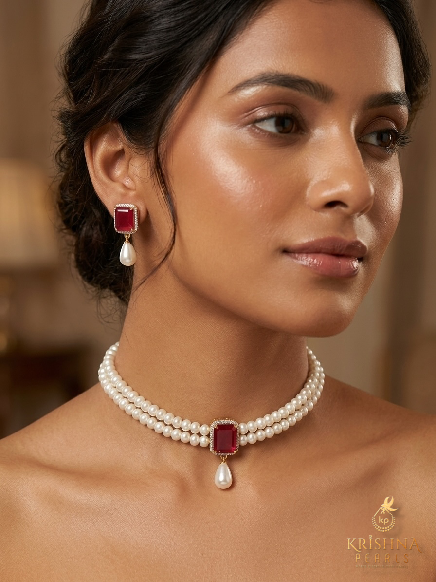 Beautiful Ruby Studded Pearls Choker Set