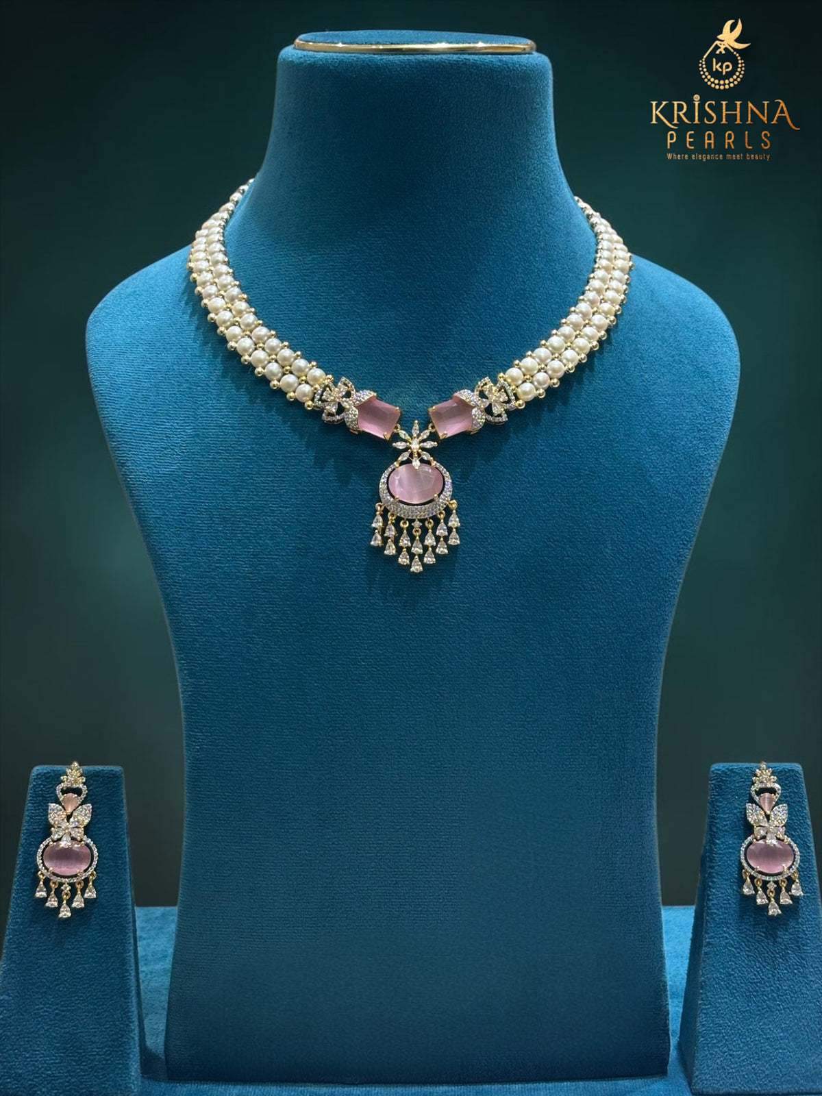 Royal Rose Quartz & Button Pearls Necklace Set