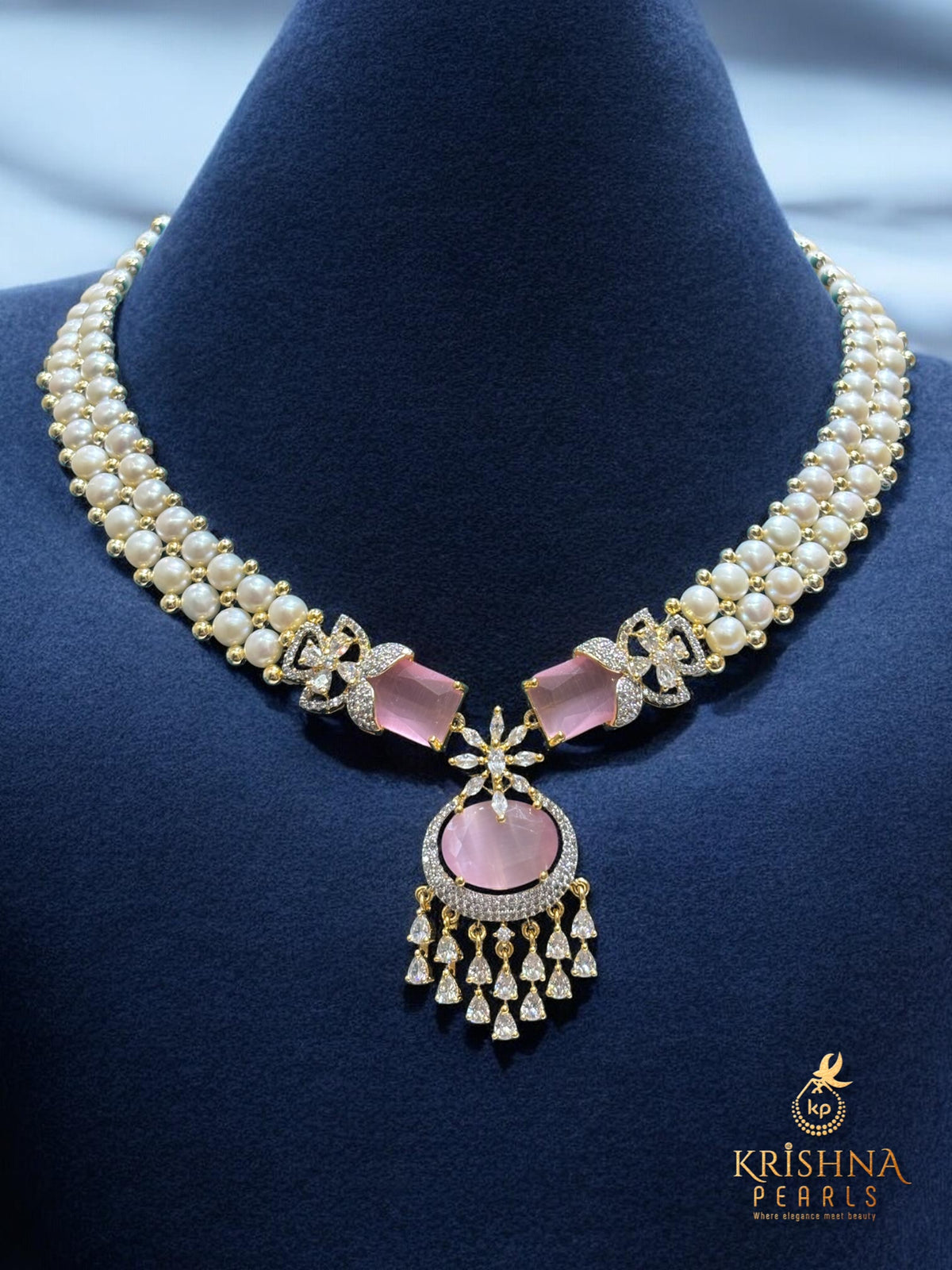Royal Rose Quartz & Button Pearls Necklace Set