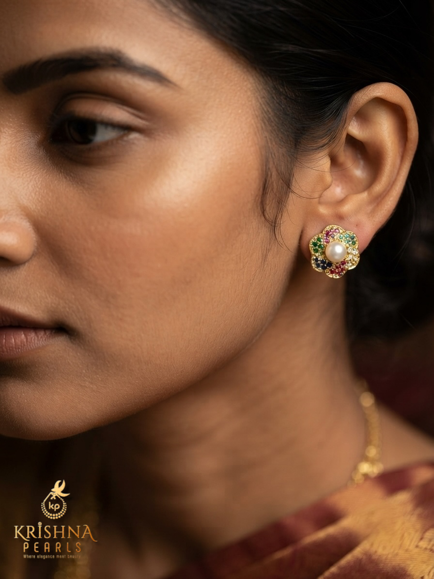 Navratna Stones & Pearl Studded Earrings