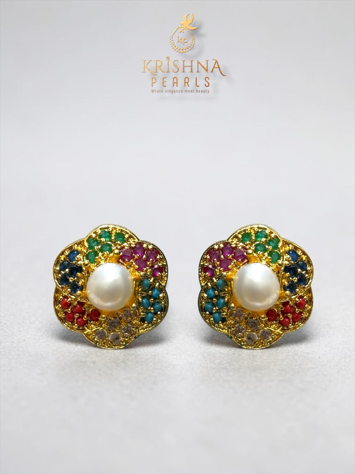 Navratna Stones & Pearl Studded Earrings