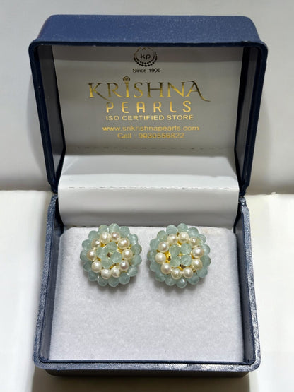 Beautiful Blue Quartz & Pearls Studded Earrings