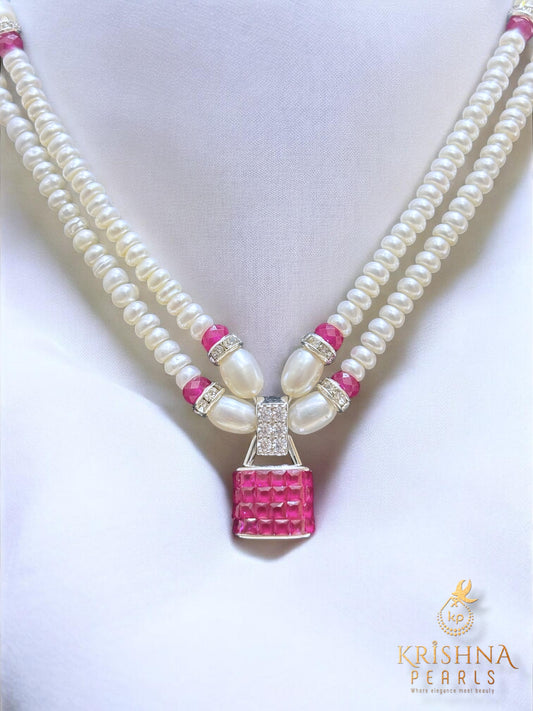 92.5 Silver Ruby Studded Double Layer Pearls Necklace - Invisible Throngs Jewellery