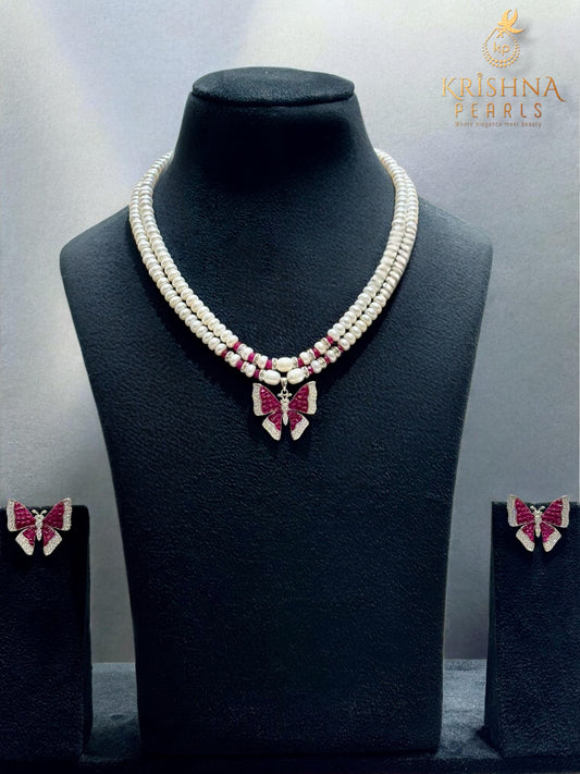 92.5 Silver Ruby Studded Butterfly Double Layer Necklace Set