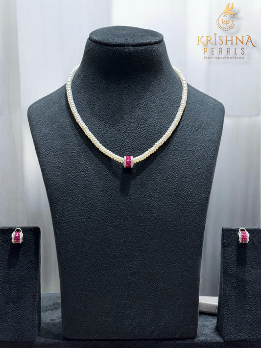 92.5 Silver Ruby Studded Pearls Necklace Set