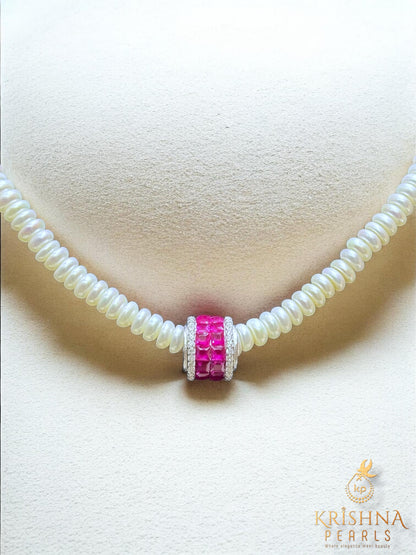 92.5 Silver Ruby Studded Pearls Necklace Set