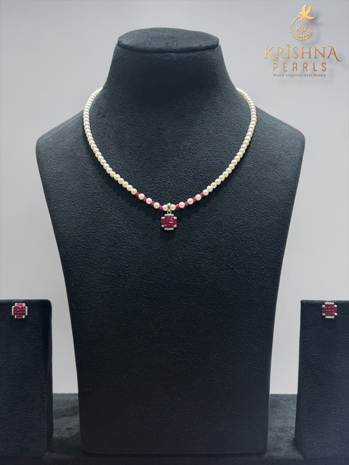 92.5 Silver Ruby Studded 4 MM Round Pearls Necklace Set