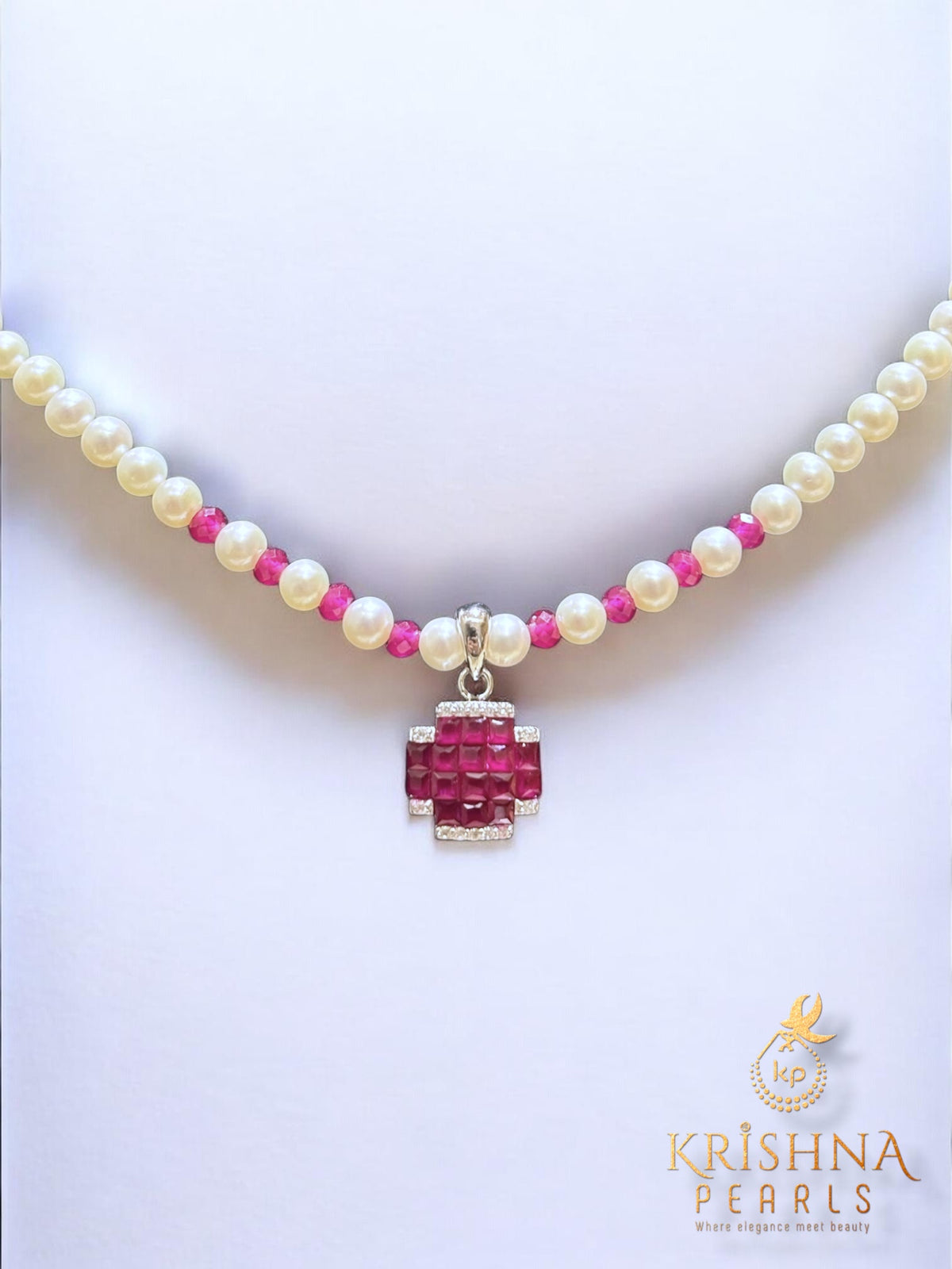 92.5 Silver Ruby Studded 4 MM Round Pearls Necklace Set