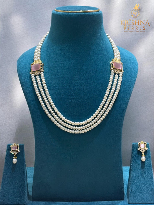 Designer Rose Quartz Two Side Broch Pearls Necklace Set