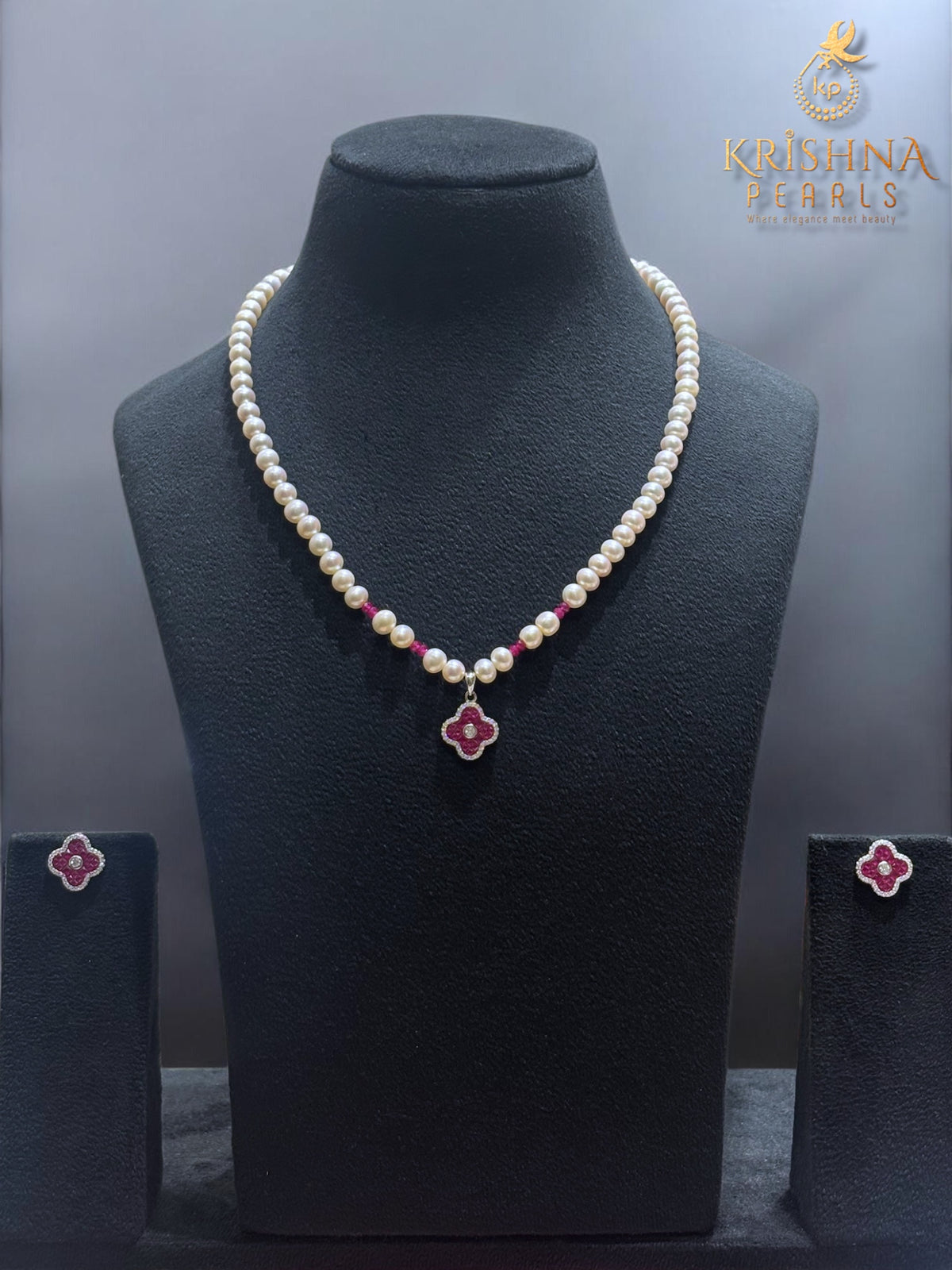 92.5 Silver Clover Ruby Studded Necklace Set