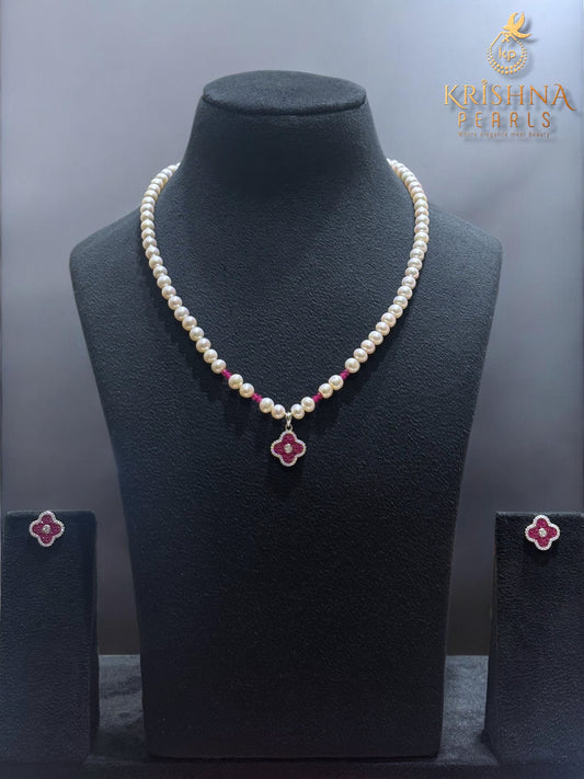 92.5 Silver Clover Ruby Studded Necklace Set