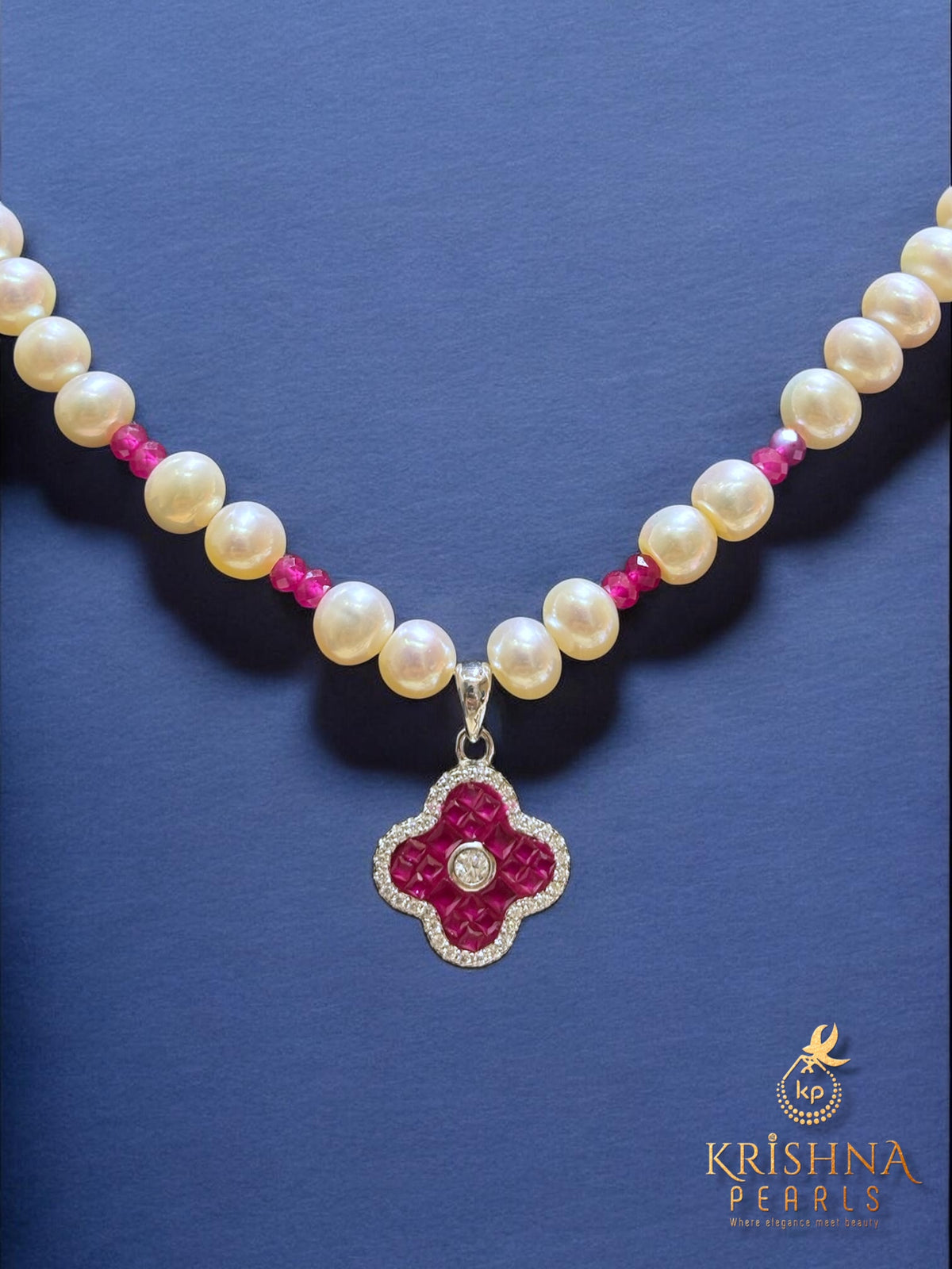92.5 Silver Clover Ruby Studded Necklace Set