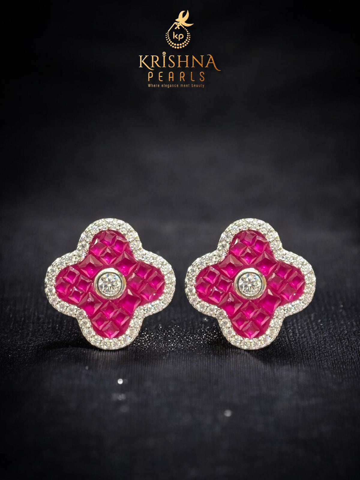 92.5 Silver Clover Ruby Studded Necklace Set