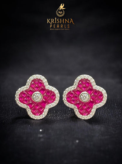 92.5 Silver Clover Ruby Studded Necklace Set