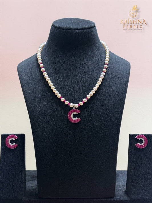 92.5 Silver Ruby Studded Round Pearls Necklace Set