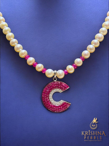 92.5 Silver Ruby Studded Round Pearls Necklace Set