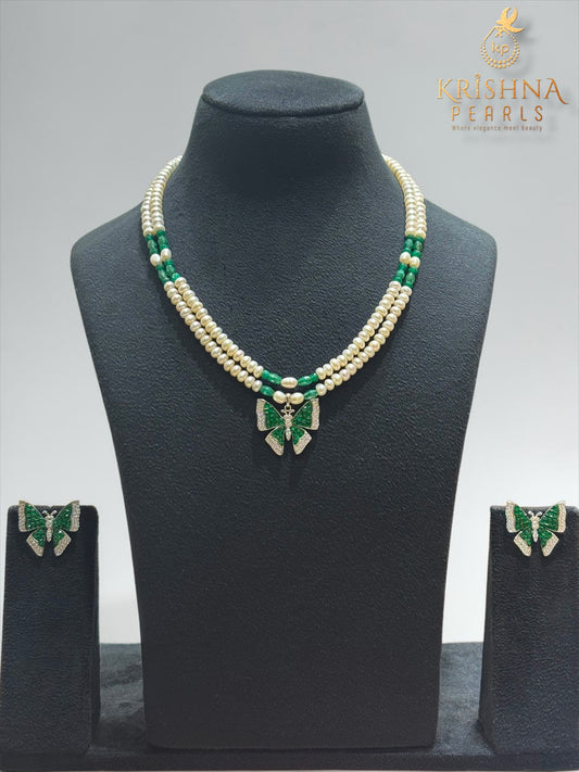 92.5 Silver Emerald Studded Butterfly Double Layer Necklace Set