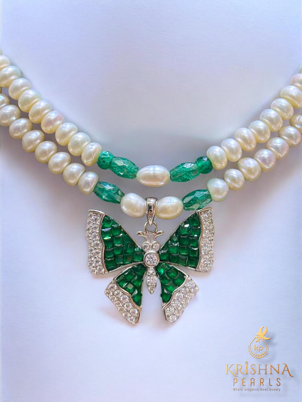 92.5 Silver Emerald Studded Butterfly Double Layer Necklace Set